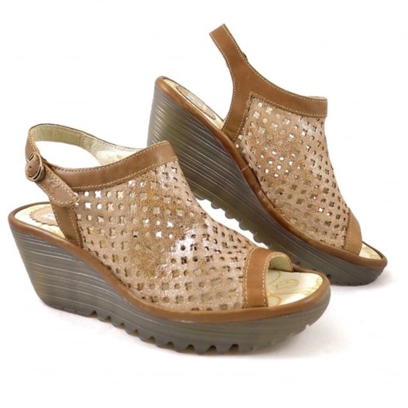 FLY London Perforated Leather Wedge Sandals Gold - Picture 1 of 10